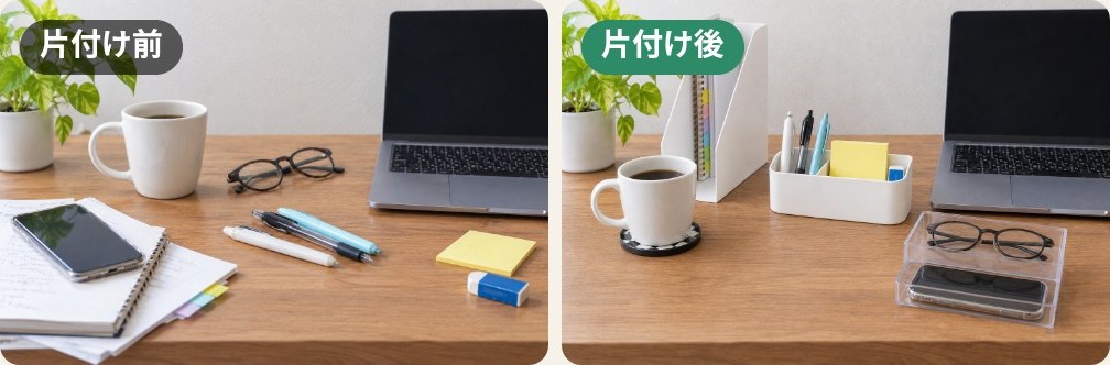 散らかったデスク（片付け前）と、収納小物で整頓したデスク（片付け後・AIのイメージ）